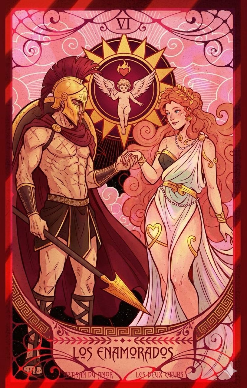 Carta de tarot Los enamorados: Ares y Afrodita tomados de la mano